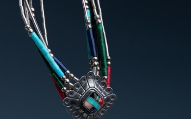 Native American Five Strand Sterling Multi Stone Necklace