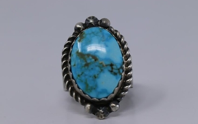 Navajo Handmade Kingman Turquoise Ring Set In Sterling