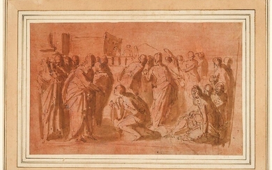 Neapolitan School, early 17th century- Biblical scene with a figure kneeling before Christ; pencil, pen and brown ink over red chalk and traces of black chalk heightened with white on paper, 11.5 x 18.5 cm. Provenance: William Bates (L.2604); Anon...