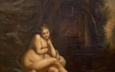 Neoclassical 18th Century French School - Portrait of a nude lady sat by a pond in contemplation within a Sylvan setting