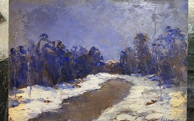Nina Zbanduto painting, landscape in snow, 1969