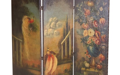 Northern European Painted Canvas Three Panel Screen