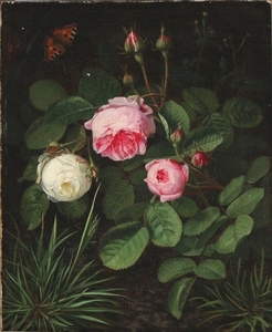 O. D. Ottesen: Butterflies among rose branches. Signed and dated O. D. Ottesen 1877. Oil on canvas. 38×31 cm.