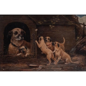 Oil on Canvas, Dog with Puppies