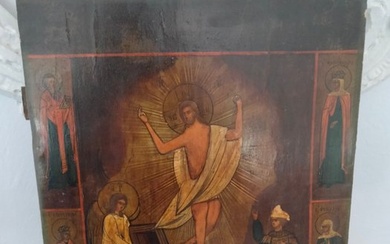 Old Russian icon "The Resurrection, ST Basil, ST Ekaterina, ST Alexandra, ST Feodora" - Wood, Temper - 19th century