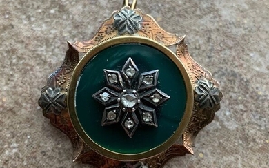 Omstreeks 1900 - 14 kt. Silver, Yellow gold - Brooch, Pendant Diamond - Green enamel
