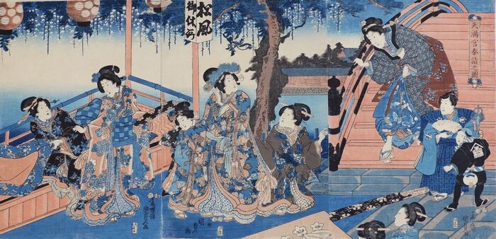 Original woodblock print triptych - Paper - Utagawa Kunisada II (1823-1880) - "Tenmangû sankei no zu" 天満宮参詣之図 (Visiting the Tenmangû Shrine) - Japan - 1847-52 (Kôka 4-Kaei 5)