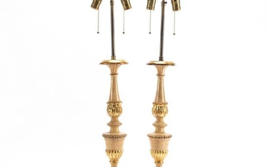 PAIR, ITALIAN PARCEL GILT TABLE LAMPS WITH SHADES