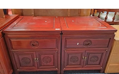 PAIR OF CHINESE HARDWOOD BEDSIDE CABINETS WITH SINGLE DRAWER...