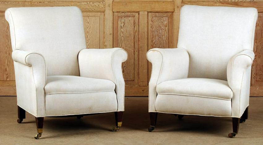 PAIR UPHOLSTERED ENGLISH LIBRARY CHAIRS C. 1910