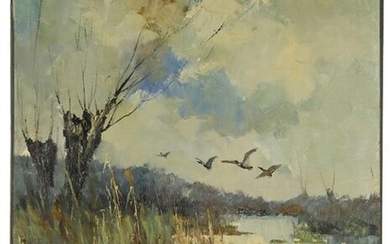 Paintings, engravings, etc. - Jan Bévort (1917-1996), flying ducks above puddle, oil on canvas, signed -60 x 50 cm