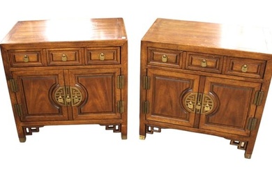 Pair Century Asian Mid Century walnut nightstands