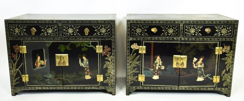 Pair Chinese Hand Painted End Table Cabinets
