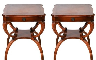 Pair Empire Carved Mahogany Inlay Side Tables