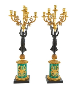 Pair French parcel-gilt bronze and malachite candelabra (2pcs)