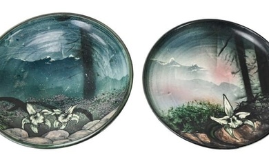 Pair MWCeramics Signed Art Pottery Platters Iris