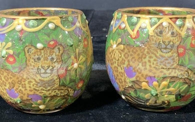 Pair Signed Hand Painted Glass Tea Candle Holders
