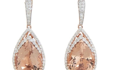 Pair of 14K Rose Gold Morganite Pendant Earrings, Total Diamond Wt.- 1.5 cts., Total Morganite Wt.