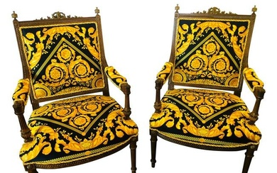 Pair of 19th-20th Century Louis XVI Style Carved Armchairs