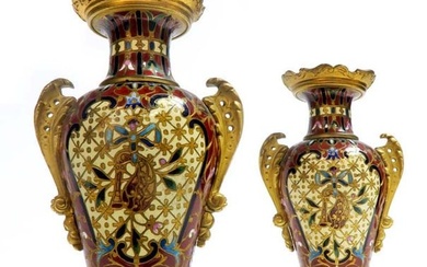 Pair of 19th C. French Champleve Enamel Vases