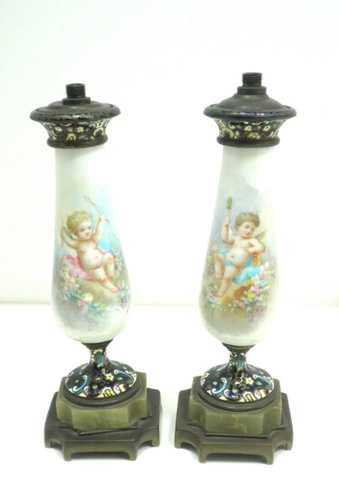 Pair of Antique French Bronze Champleve and Porcelain Lamp Base Vases