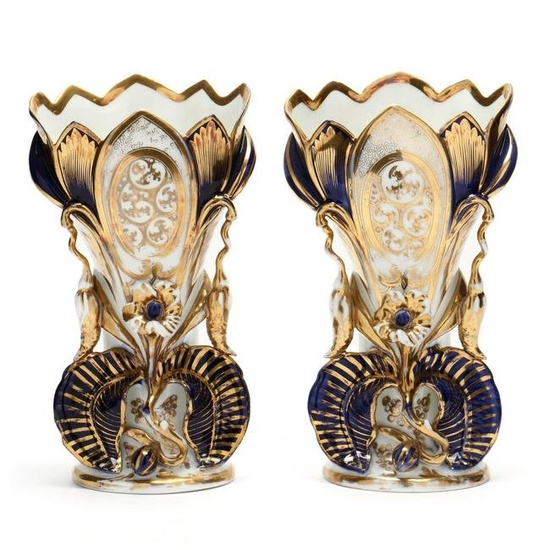 Pair of Antique Paris Porcelain Blue and Gilt Vases