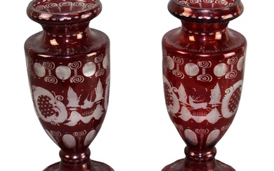 Pair of Bohemian etched cranberry glass vases