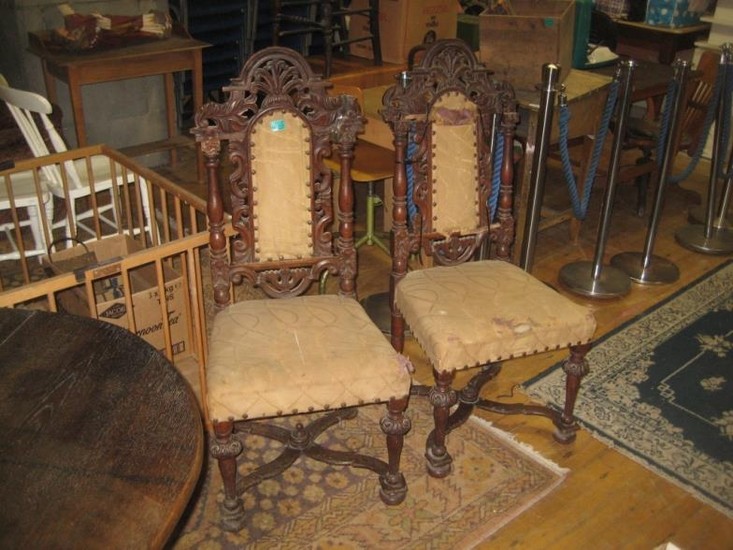 Pair of Carved Walnut Hall Chairs (restoration required)