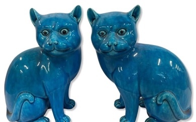 Pair of Chinese Blue Glazed Porcelain Cat Figurines