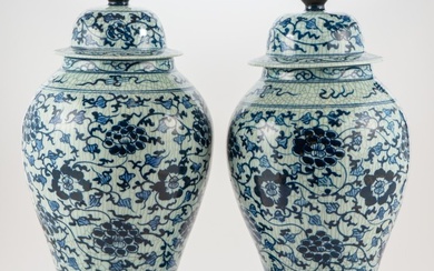 Pair of Chinese Blue and White Porcelain Covered Vases