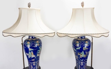 Pair of Chinese Vase Lamps with Figure and Floral Decorations