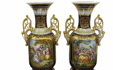 Pair of French Sevres Porcelain Blue and Gilt Vases