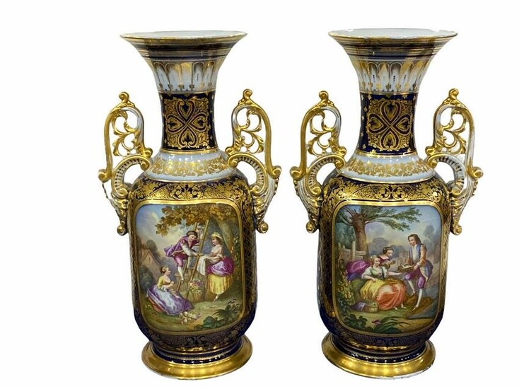 Pair of French Sevres Porcelain Blue and Gilt Vases