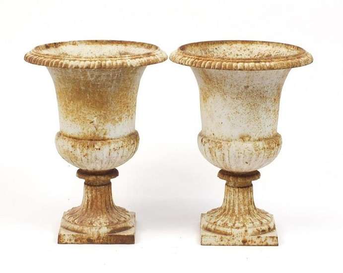 Pair of French cast iron campana urn planters, 48.5cm