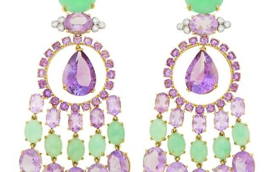 Pair of Gold, Amethyst, Green Chrysoprase and Diamond Chandelier Pendant-Earclips