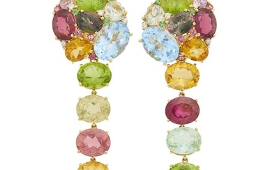Pair of Gold, Colored Stone and Diamond Pendant-Earclips