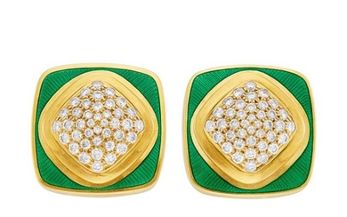 Pair of Gold, Diamond and Green Enamel Earclips, De Vroomen