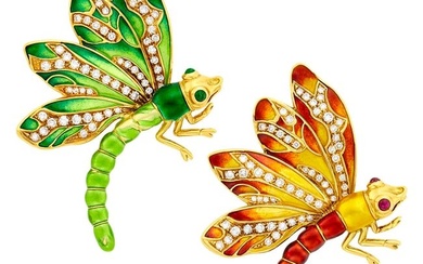 Pair of Gold, Enamel, Diamond and Gem-Set Dragonfly Clip-Brooches