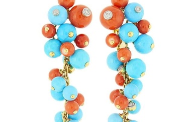 Pair of Gold, Turquoise and Coral Bead and Diamond Pendant-Earclips
