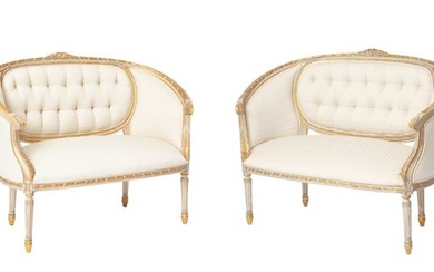 Pair of Louis XVI Style Painted Settees with Tufted Upholstery