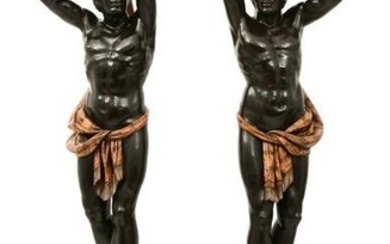 Pair of Monumental Venetian Carved & Painted Blackamoor Figures