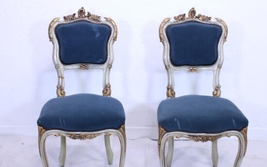 Pair of Painted French Chairs with Blue Upholstery