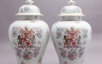 Pair of Samson French Armorial Porcelain Covered Urns