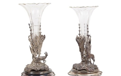 Pair of Silverplate and Crystal Trumpet Vases, 19th c., H.- 15 1/4 in., Dia.- 7 1/2 in. (2 Pcs.)