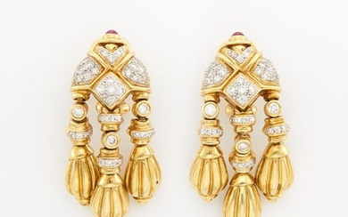 Pair of Two-Color Gold and Diamond Pendant-Earrings