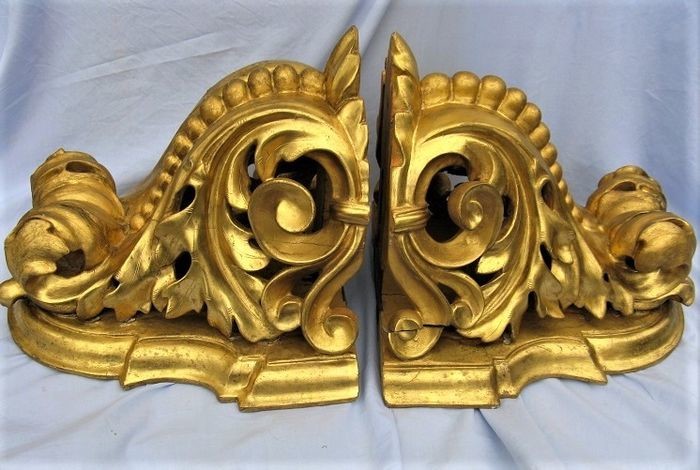 Pair of large antique shelves - Wood and gold - Mid 19th century