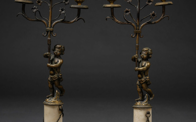 Pair of two-light candlesticks in gilded bronze and circular plinth...