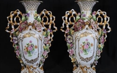 Pair of very ornate Old Paris mantle vases, 15.5 in. T.