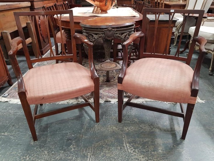 Part Georgian Mahogany 'Set' of Eight Hepplewhite Style Dining Chairs, including two armchairs, with slatted backs, pink upholstered...