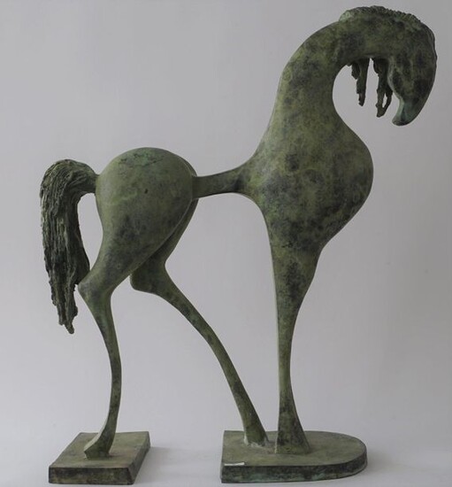 Patinated zamac sculpture, Semi-abstract horse, dim. 77 x 70 cm.